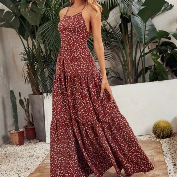 Boho Floral Lace up Criss Cross Back Maxi Dress - Picture 5 of 6